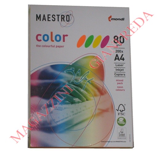 RISMA DI CARTA 200 FG MIX NEON 50 FG PER COLORE A4 80GR. F.TO MM 210 X 297